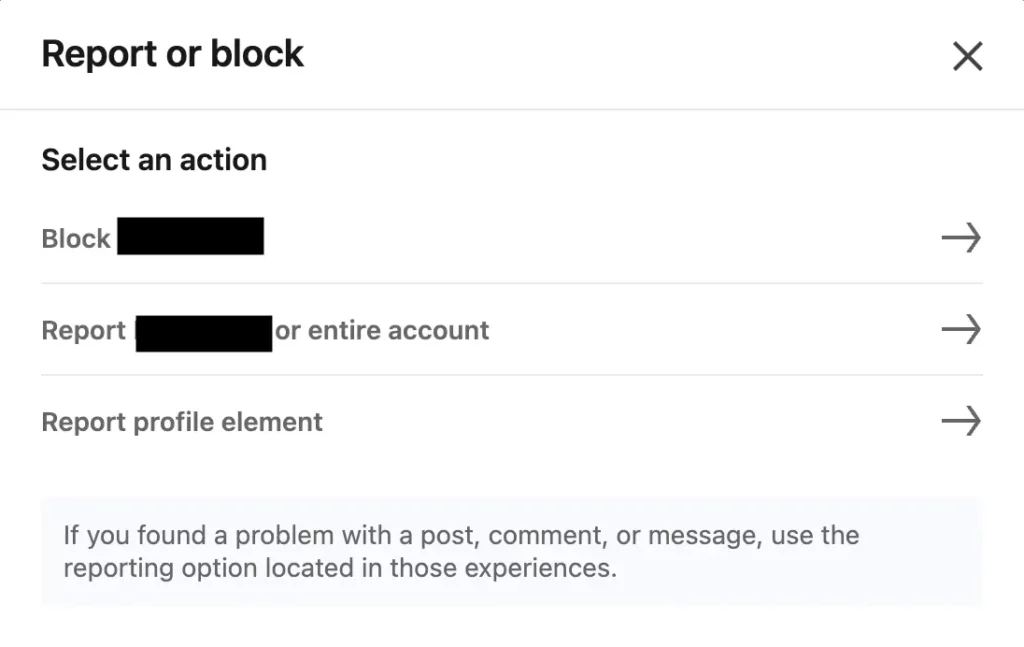LinkedIn account options screen with choices to block a user, report an entire account, or specific profile elements.
