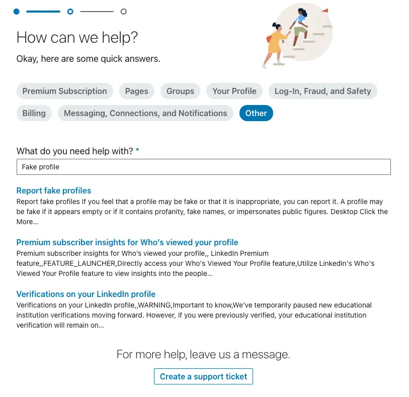 LinkedIn Help Center page offering quick solutions for reporting fake profiles and links to create a support ticket.