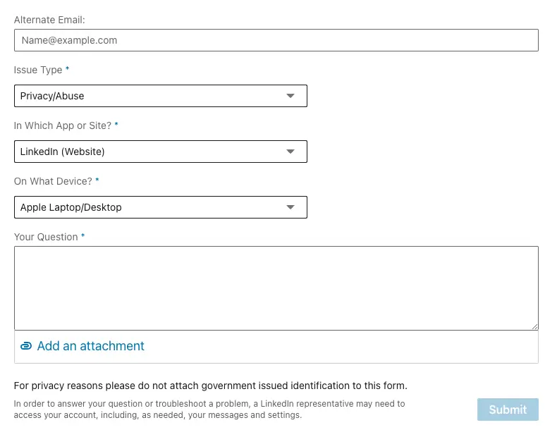 LinkedIn privacy and abuse issue form, requiring users to select issue type, affected LinkedIn platform, device type, and provide additional details.