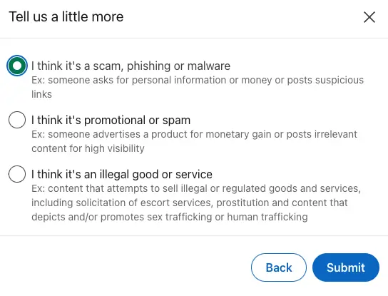 LinkedIn reporting menu asking users to specify if content is a scam, phishing, promotional spam, or an illegal good or service.