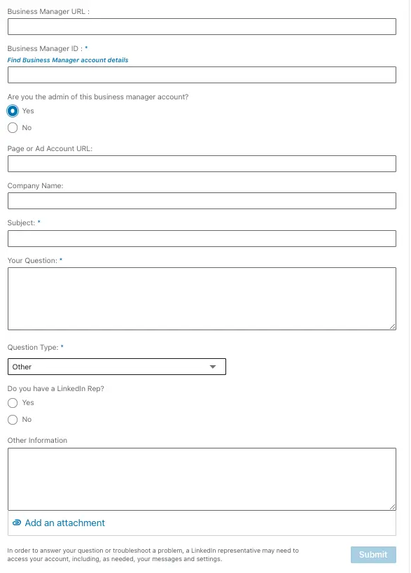 LinkedIn Business Manager support form with fields for Business Manager ID, page or ad account URLs, subject, and detailed inquiry.