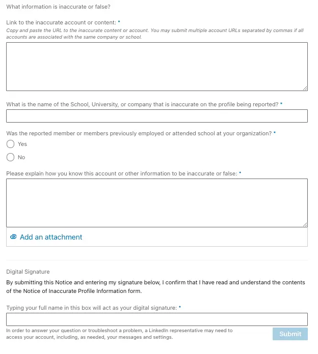 LinkedIn form to report inaccurate or false profile information including URL fields, explanation boxes, and digital signature area.