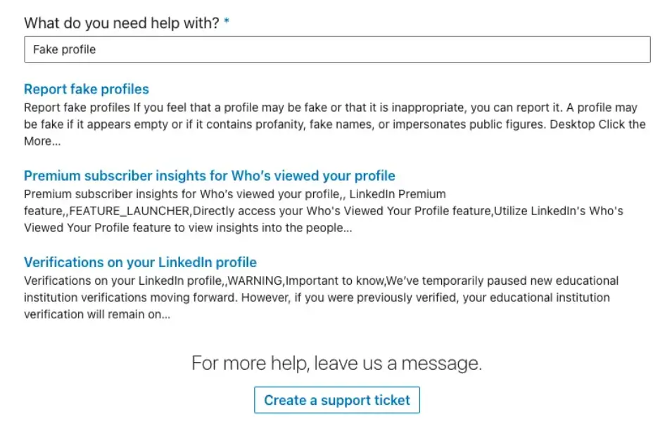 Screenshot of LinkedIn's support ticket menu with help articles