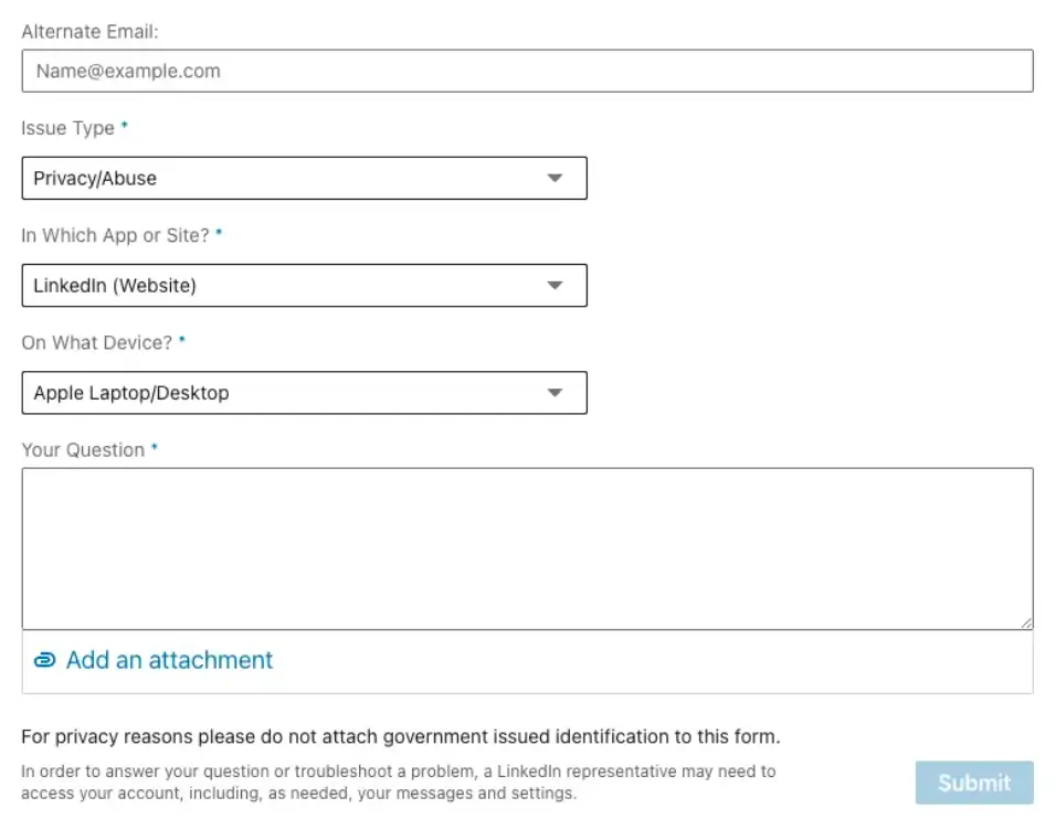 Screenshot of the submission form for a LinkedIn support ticket