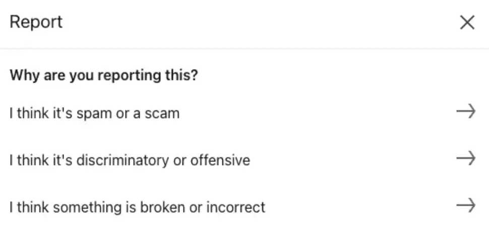 Screenshot of LinkedIn's menu for reporting a job posting
