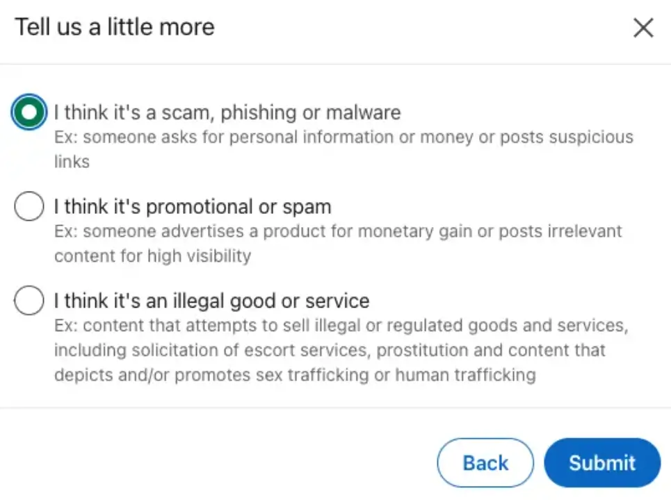 Screenshot of the submission form for reporting a scam job on LinkedIn