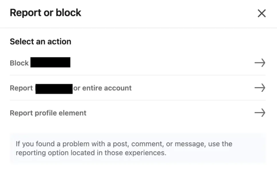 Screenshot of LinkedIn options for reporting or blocking a profile