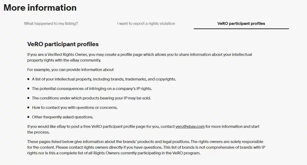 Screenshot of the eBay VeRO participant profile setup instructions.